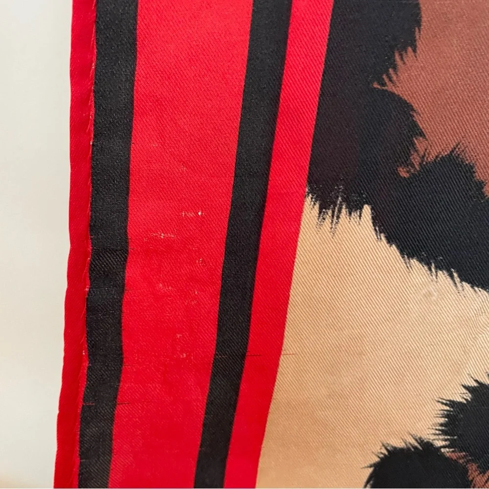 Large Perry Ellis Silk‎ Scarf Wrap Shawl Animal Print Tan Black Red Bordered